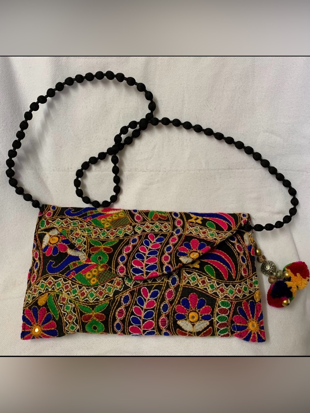 Hand-Embroidered Black Floral Clutch - Multicolor Accent